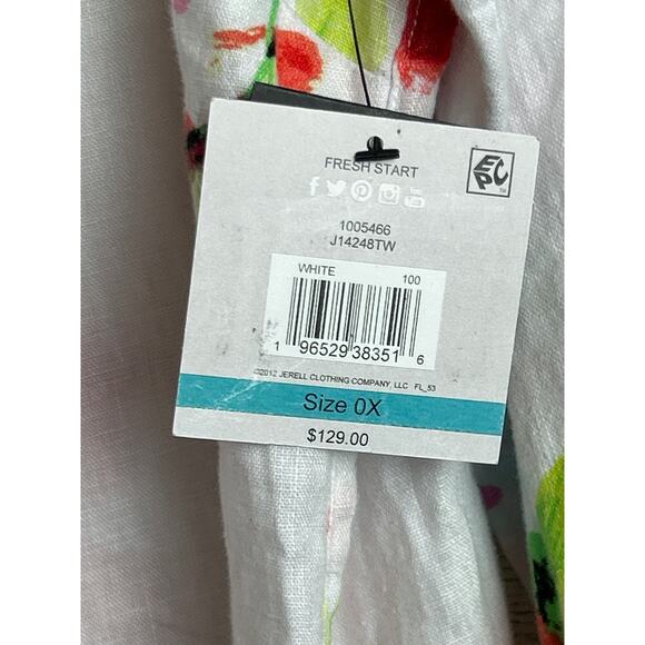 John Mark Womens plus 0X white linen floral tunic top blouse new roll cuff shirt - Picture 3 of 7